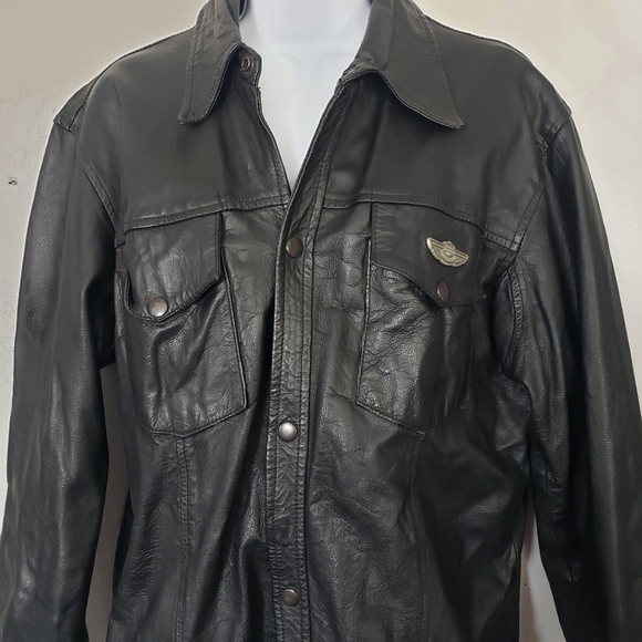 Zony Inc. Vintage 2002 Black Leather Jacket Snap Buttons Harley Davidson Pocket - Picture 7 of 11